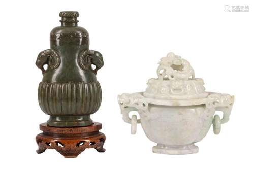 A CHINESE PALE CELADON JADE VASE AND COVER AND JADEITE INCEN...