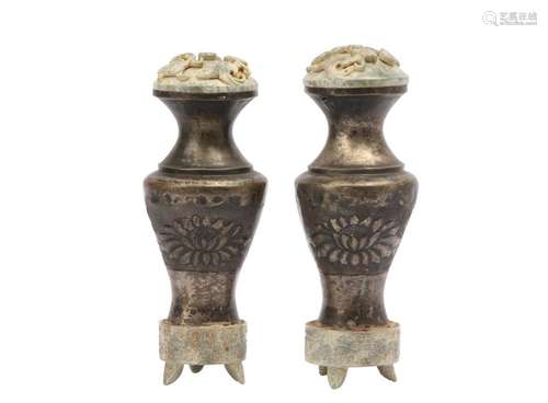 A PAIR OF CHINESE WHITE METAL VASES AND COVER