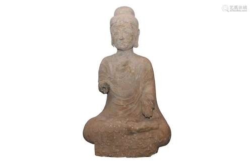 A CHINESE STONE FIGURE OF A SEATED BODHISATTVA