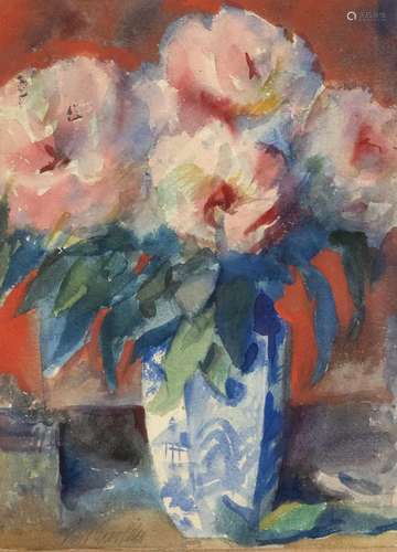 Aquarelliste du 20e siècle. Bouquet de fleurs dans un vase b...