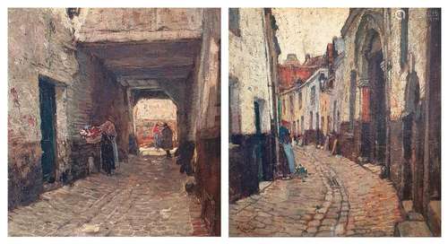 HENRI CASSIERS (1858-1944) RUELLES À BRUGES AVEC PERSONNAGES