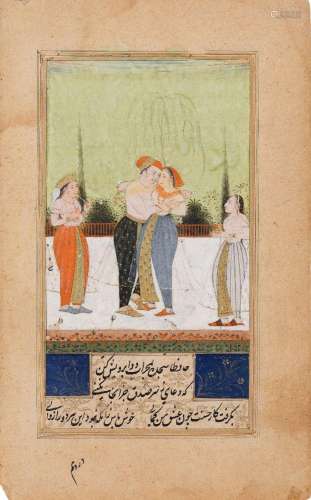 Un couple s'embrassant sur une terrasse, Moghol, XVIIIe ...