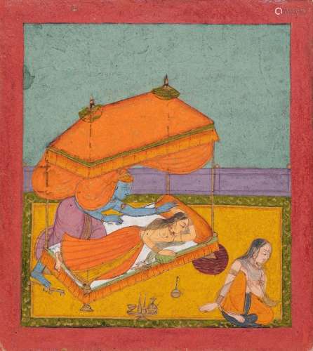Krishna retourne auprès de Radha endormie, Rajasthan, circa1...