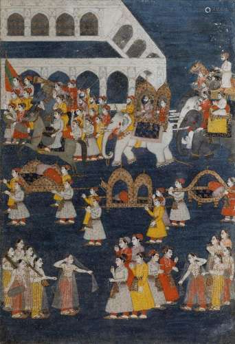 Une scène de procession, Lucknow, Inde, 1790, pigments opaqu...