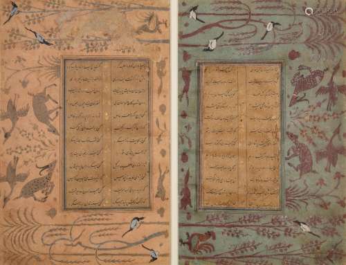 Deux folios d'un manuscrit persan avec des bordures enlu...