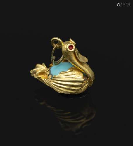 18 kt gold pendant 'swan' with turquoise