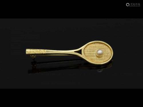 14 kt gold brooch 'tennis racket' with cultured pear...