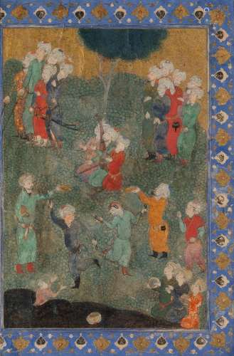 Peinture persane turkmène illustrant une scène extérieure, I...
