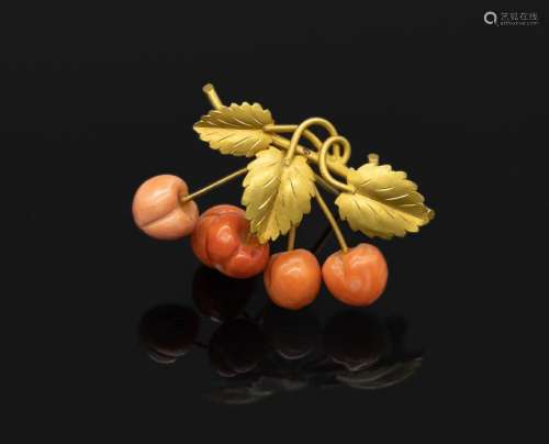 18 kt gold brooch 'cherries' with corals