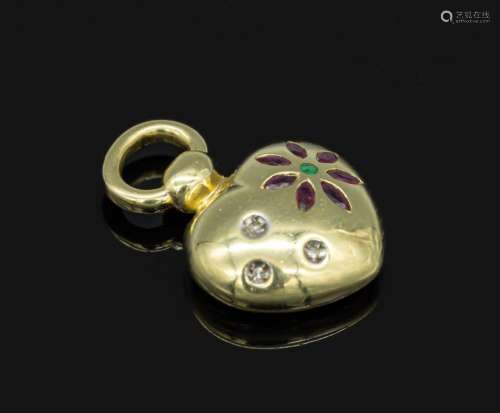 14 kt gold heartpendant with coloured stones and diamonds