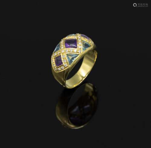 18 kt gold ring with amethyst, aquamarine and brilliants