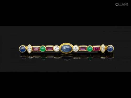 18 kt gold bar brooch with coloured stones and diamonds