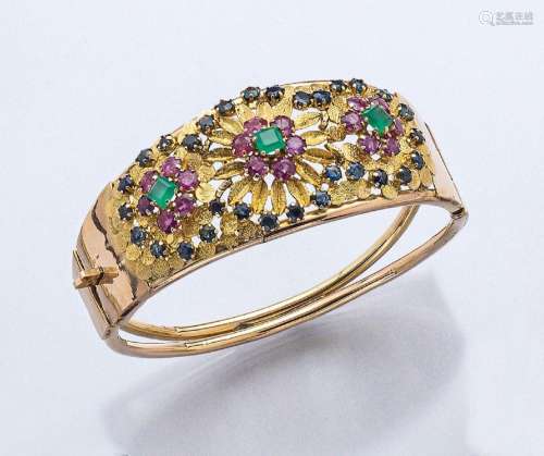 14 kt gold bangle with coloured stones