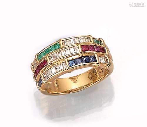 18 kt gold ring with diamonds, sapphires, emeralds and rubie...
