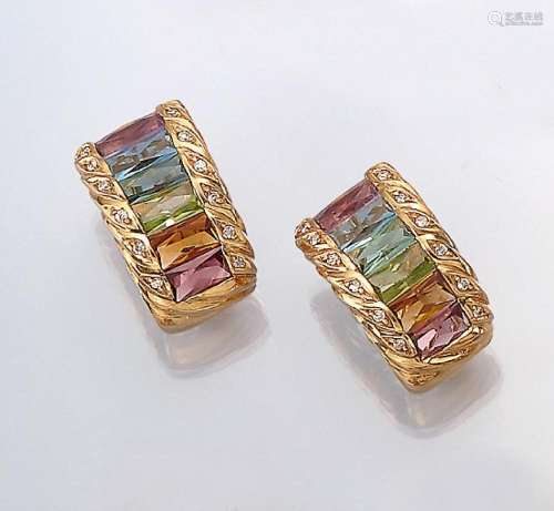 Pair of 18 kt gold earrings with coloured stones and brillia...