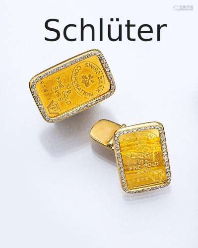Pair of 18 kt gold cufflinks 'bars of gold' with bri...