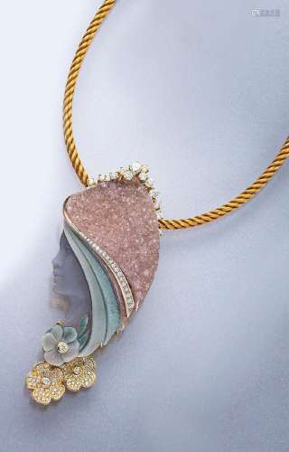 18 kt gold pendant/brooch with agate and brilliants