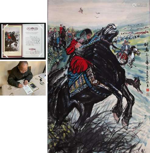 CHINESE SCROLL PAINTING OF GIRL ON HORSE SIGNED BY HUANG ZHO...