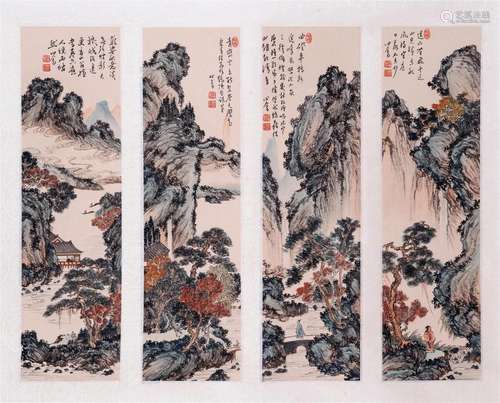 FOUR PANELS OF CHINESE SCROLL PAINTING OF MOUNTAIN VIEWS SIG...