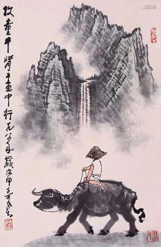 CHINESE SCROLL PAINTING OF COWBOY IN MOUNTAIN SIGNED BY LI K...