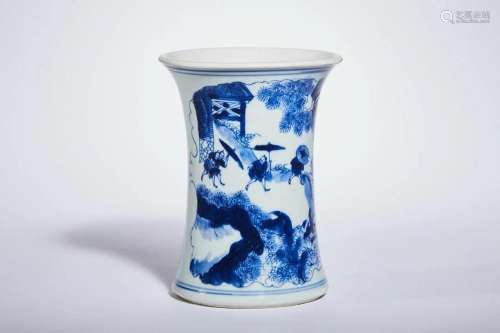 CHINESE PORCELAIN BLUE AND WHITE FIGURES AND STORY BRUSH POT...