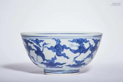 CHINESE PORCELAIN BLUE AND WHITE CRANE AND CLOUD BOWL MID-QI...