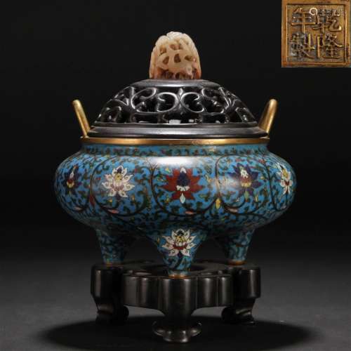 CHINESE CLOISONNE FLOWER CENSER WITH ZITAN JADE KNOT LID