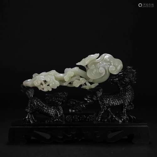 CHINESE CELADON JADE RUYI LINGCHI WITH ROSEWOOD STAND