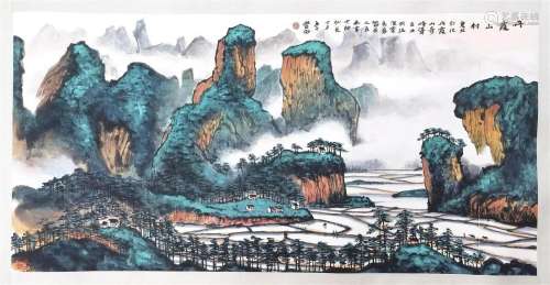 CHINESE SCROLL PAINTING OF MOUNTAIN VIEWS SIGNED BY LIN FENG...