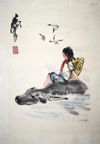 CHINESE SCROLL PAINTING OF GIRL ON OX SIGNED BY HUANG ZHOU