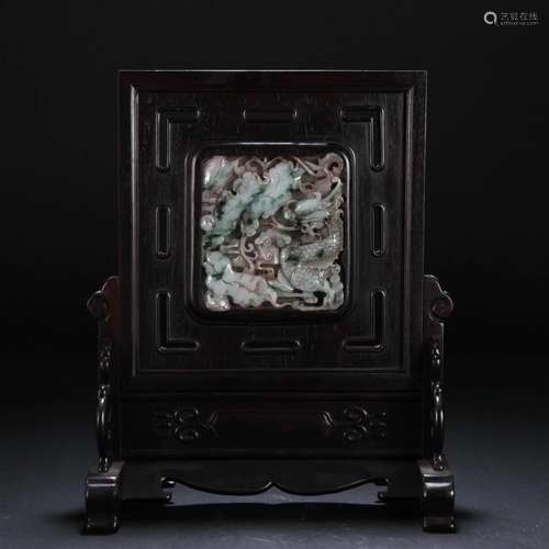 CHINESE JADEITE DRAGON ROSEWOOD TABLE SCREEN