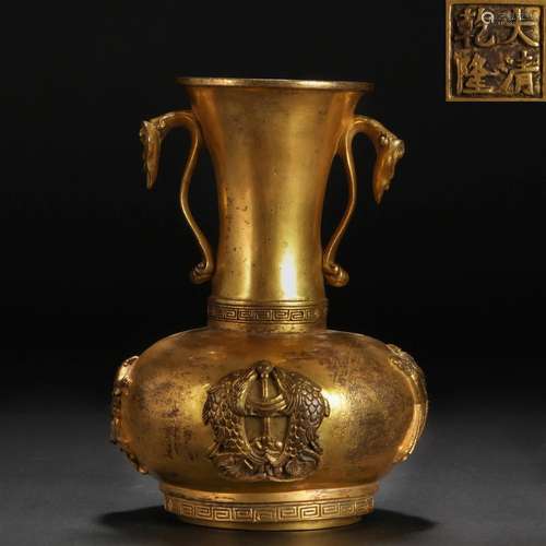 CHINESE GILT BRONZE HANDLED VASE