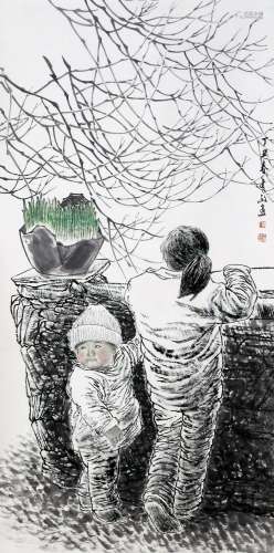 CHINESE SCROLL PAINTING OF GIRL AND BOY SIGNED BY WANG YOUZH...