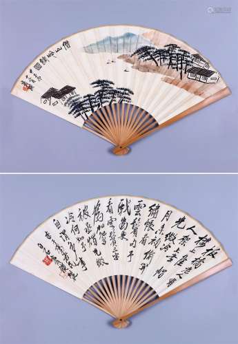 CHINESE FAN PAINTING OF LAKEVIEWS AND CALLIGRAPHY SIGNED BY ...