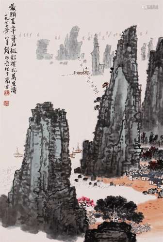 CHINESE SCROLL PAINTING OF MOUNTAIN VIEWS SIGNED BY QIAN SON...