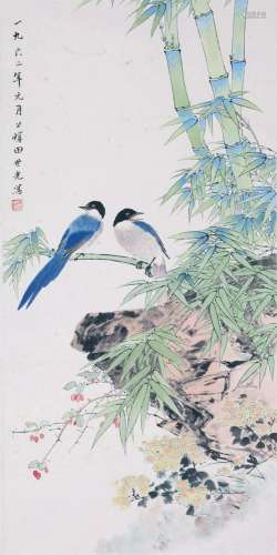 CHINESE SCROLL PAINTING OF BIRD AND BAMBOO SIGNED BY TIAN SH...