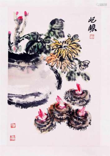 CHINESE SCROLL PAINTING OF FLOWER IN JAR SIGNED BY ZHU QIZHA...