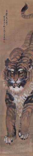CHINESE SCROLL PAINTING OF TIGER SIGNED BY HE XIANGNING