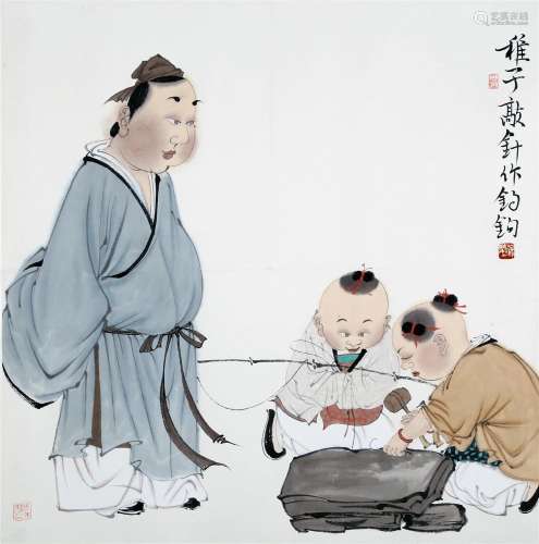 CHINESE SCROLL PAINTING OF MAN AND BOYS SIGNED BY XU LELE