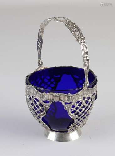 Silver sugar bowl with blue glass