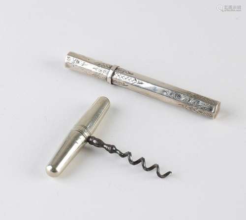 Silver needle case and corkscrew