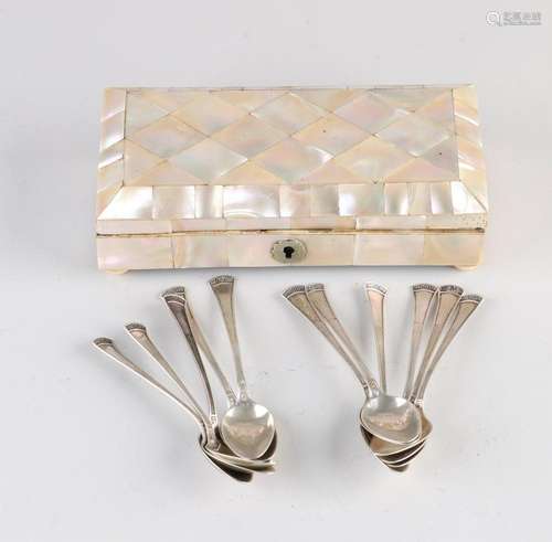 Mother of pearl box with silver spoons