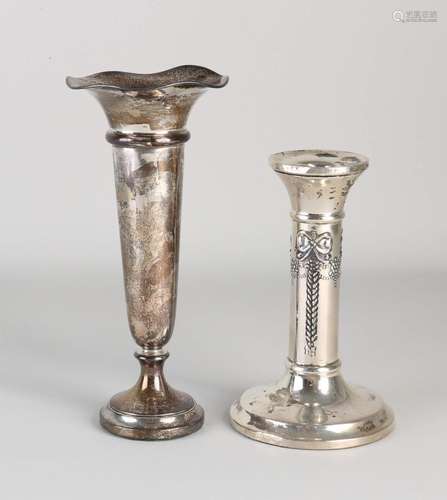 Silver candlestick & vase