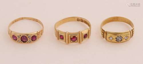 3 Gold band rings with ruby and diamond