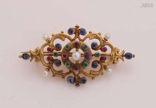 Gold brooch with gemstones and pearl