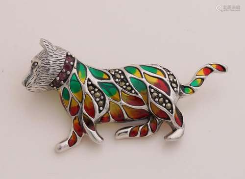 Silver brooch with enamel, cat