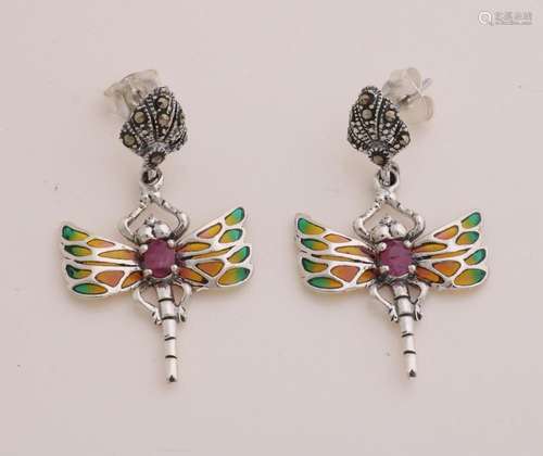 Silver earrings with enamel, dragonfly