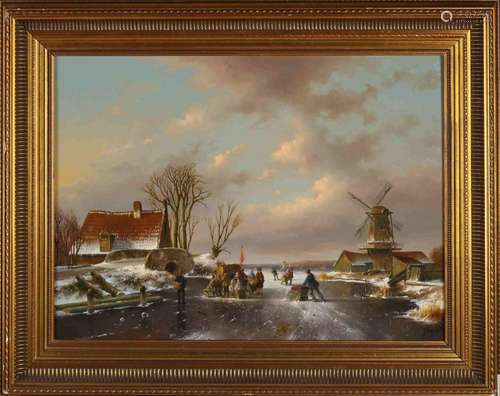 Fred Arends, Dutch romantic winter view with ice fun