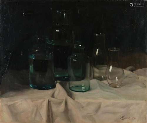 Janos Pentelei Molnar, Still life with glassware