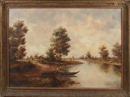 G. Messmer, German river view with boat and figure